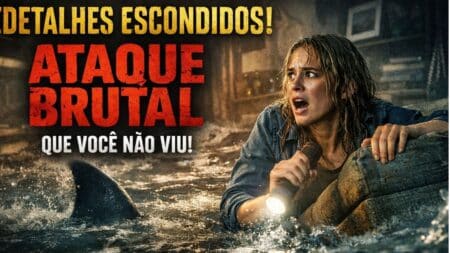 Mulher tentando sobreviver em enchente com tubarão em Ataque Brutal da Netflix durante cena intensa