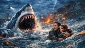 Ataque Brutal filme de tubarões Netflix 2026 cena do filme