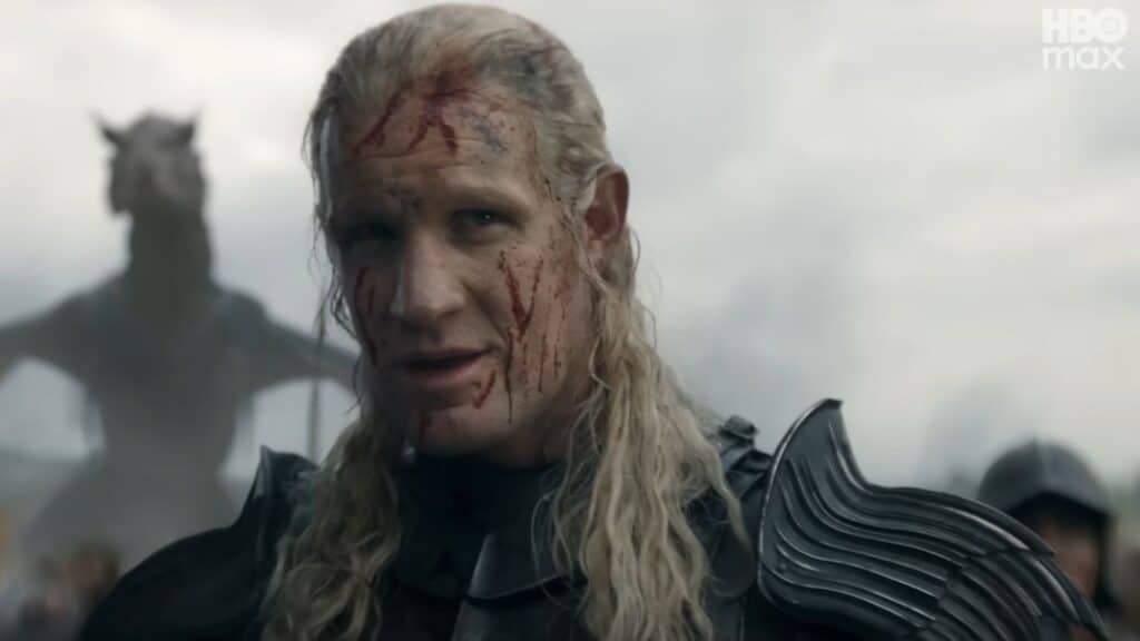 Cena do trailer da temporada 3 de A Casa do Dragão com dragão ao fundo