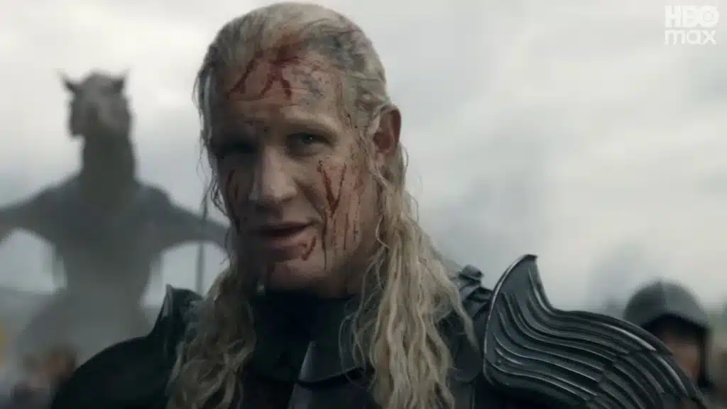 Cena do trailer da temporada 3 de A Casa do Dragão com dragão ao fundo