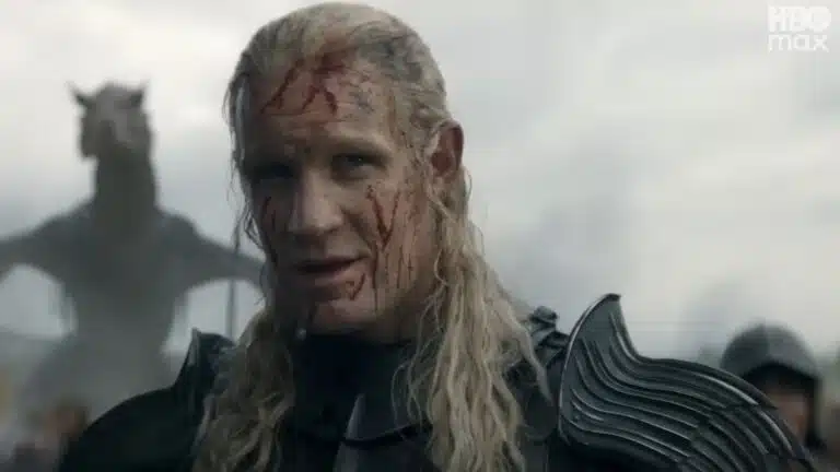 Cena do trailer da temporada 3 de A Casa do Dragão com dragão ao fundo