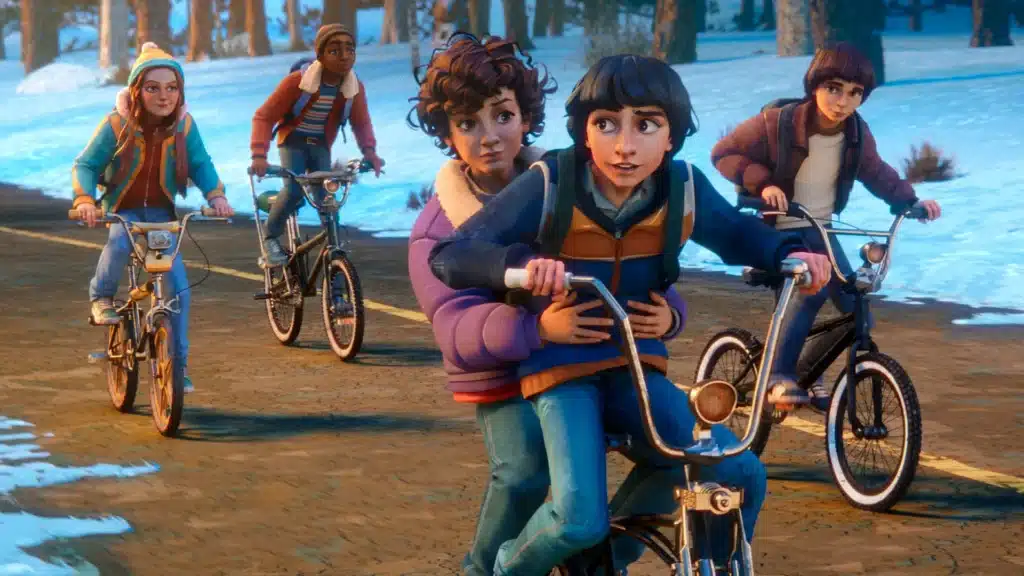 Cena da animação Stranger Things Histórias de 85 mostrando estilo visual da série