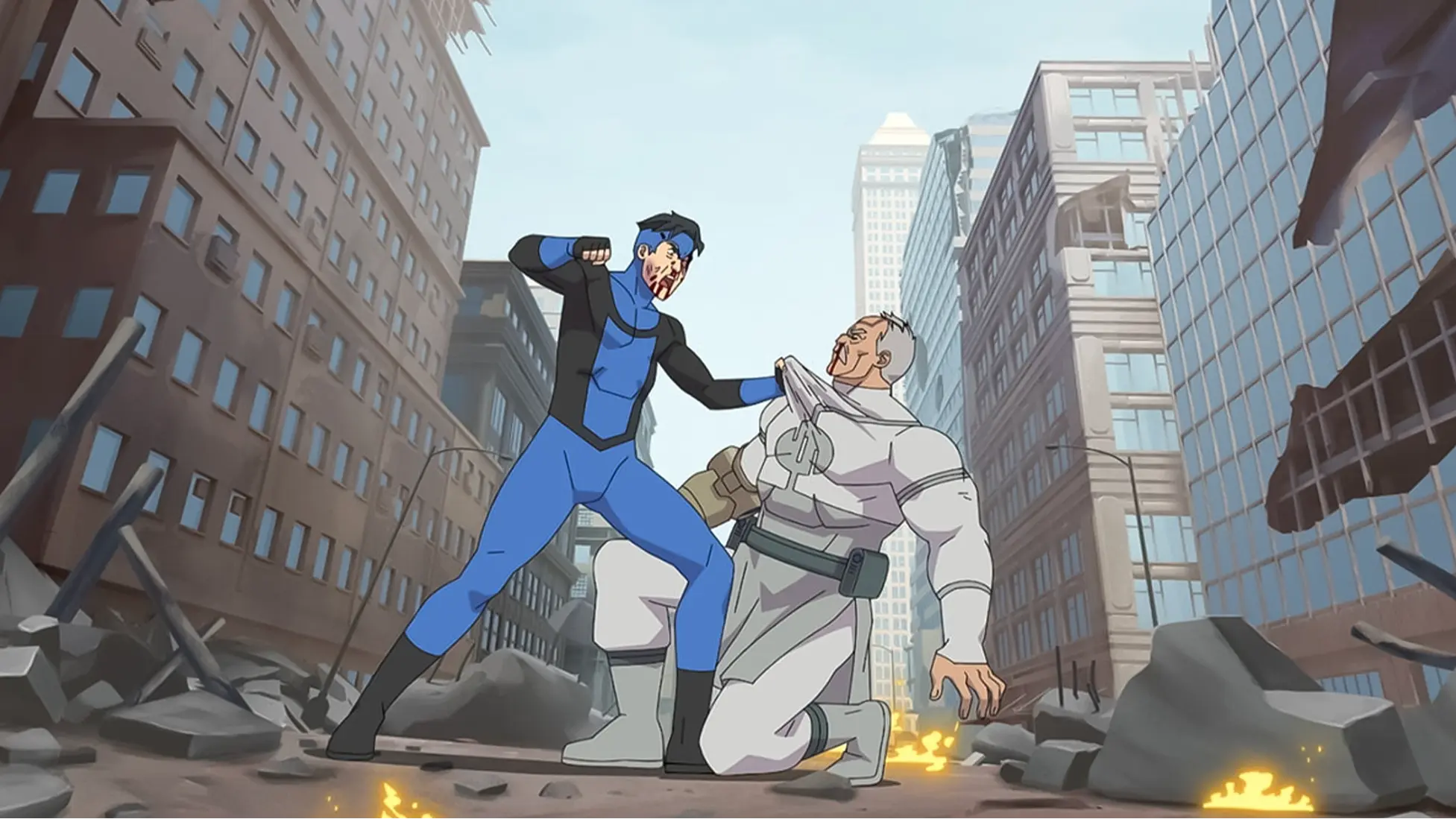 cena de batalha intensa no episódio 5 de Invencível com Mark enfrentando inimigo poderoso