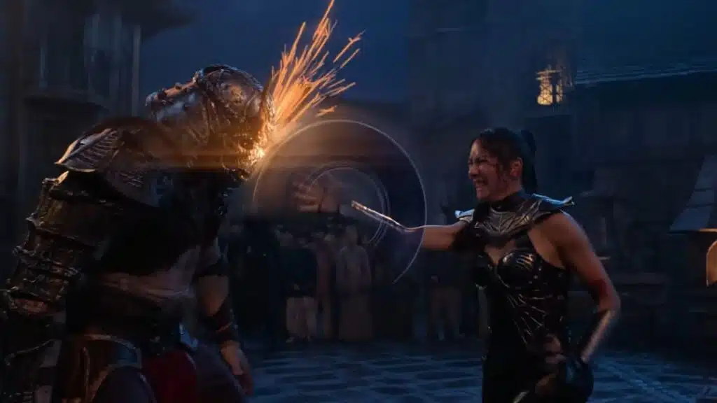 Kitana lutando em cena intensa do trailer de Mortal Kombat 2 durante batalha do torneio