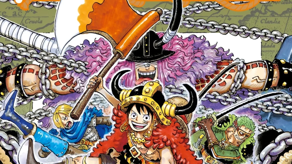 One Piece Episódio 1156 Explicado com Spoilers Pesados: A Estreia Histórica do Arco de Elbaf Luffy, Zoro, Sanji e outros em visual de Elbaf, com correntes e machados. Ótima para transmitir energia do arco.