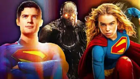 Superman enfrentando Darkseid em experiência imersiva da DC com cenário futurista