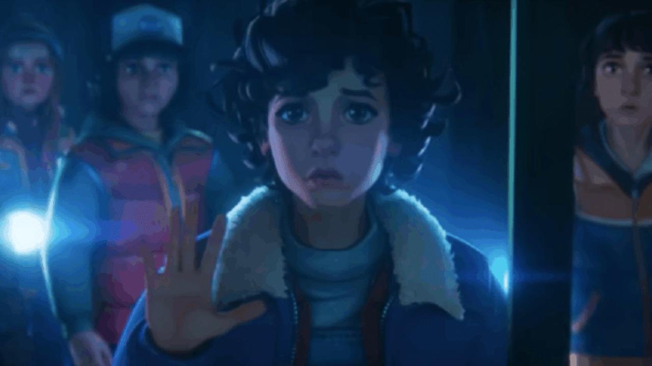 Personagens de Stranger Things em cenário de inverno em 1985 na animação