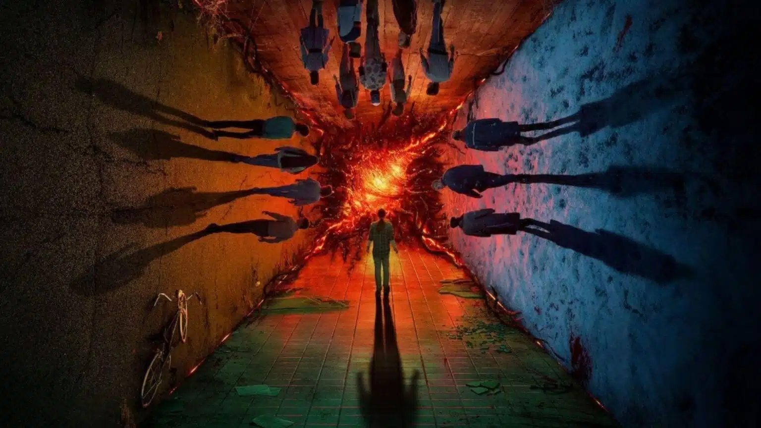 Cena da animação Stranger Things Histórias de 85 com personagens em Hawkins enfrentando ameaça do Mundo Invertido