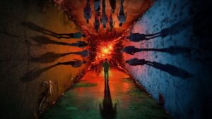 Cena da animação Stranger Things Histórias de 85 com personagens em Hawkins enfrentando ameaça do Mundo Invertido