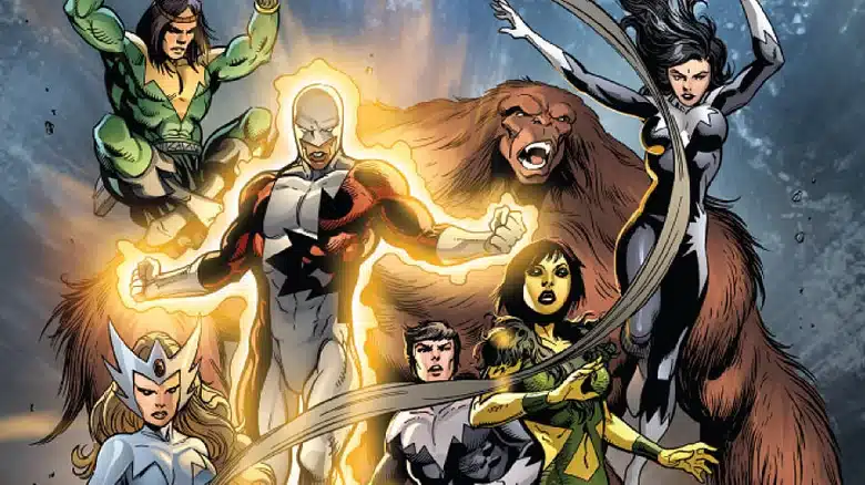 Alpha Flight, time canadense de super-heróis da Marvel, em pose de ação com Guardian, Northstar, Aurora, Shaman, Snowbird e Sasquatch