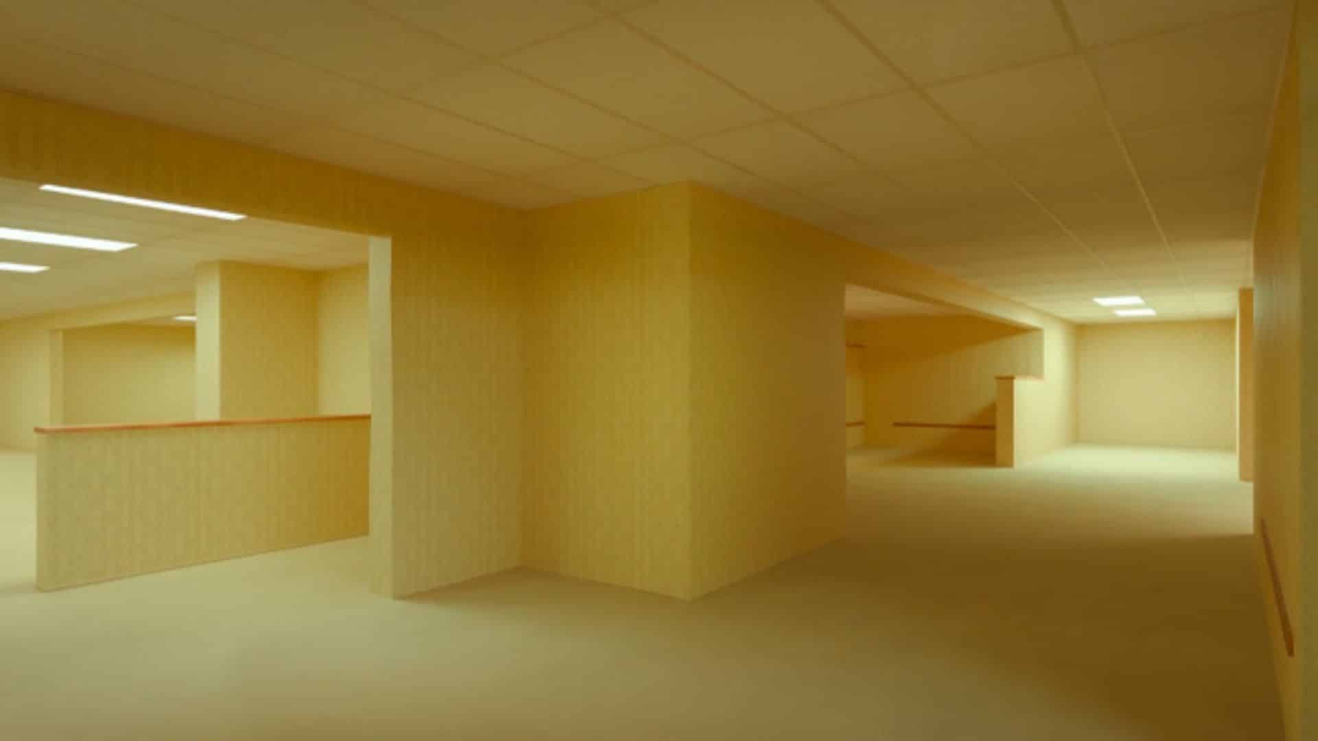 Corredores infinitos dos Backrooms com iluminação artificial estranha e ambientes distorcidos em Backrooms