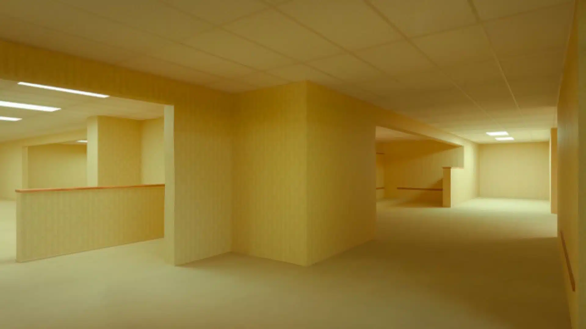 Corredores infinitos dos Backrooms com iluminação artificial estranha e ambientes distorcidos em Backrooms