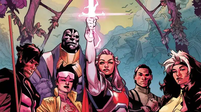 Excalibur, time britânico de X-Men com Noturno, Shadowcat, Colossus, Gambit e Rogue em formação heroica