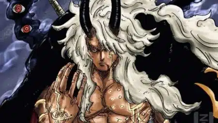 Imu em forma transformada com chifres e cabelos brancos no Arco de Elbaph no mangá One Piece