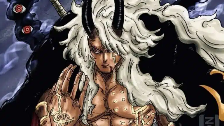 Imu em forma transformada com chifres e cabelos brancos no Arco de Elbaph no mangá One Piece