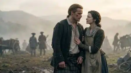 Sam Heughan como Jamie Fraser e Caitriona Balfe como Claire Fraser se olhando no campo de batalha de King's Mountain no final da 8ª temporada de Outlander