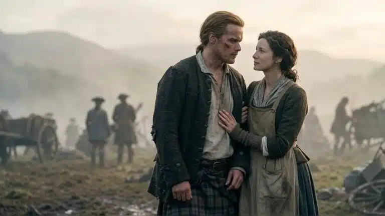 Sam Heughan como Jamie Fraser e Caitriona Balfe como Claire Fraser se olhando no campo de batalha de King's Mountain no final da 8ª temporada de Outlander