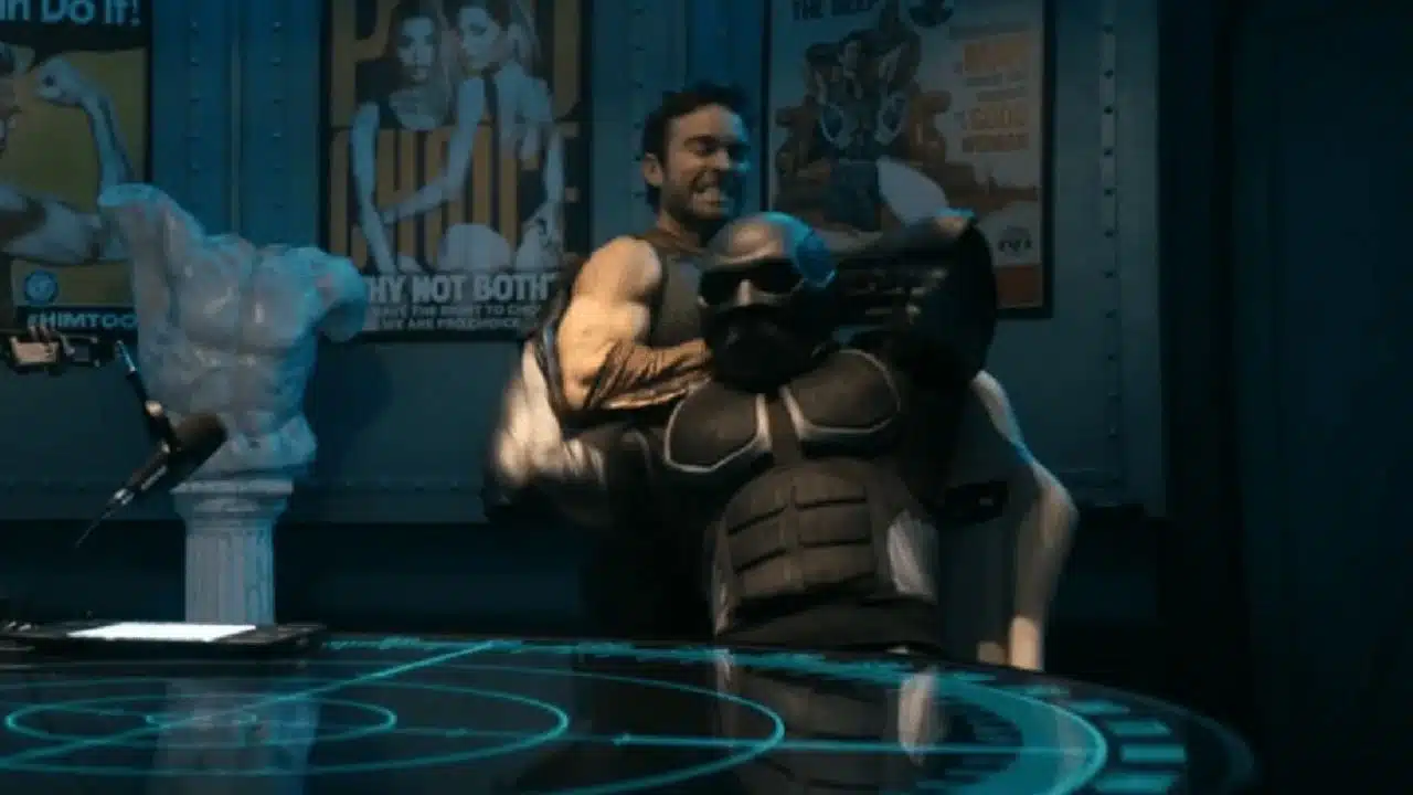 Chace Crawford como Profundo matando Black Noir 2 com fio de fone de ouvido no episódio 6 da 5ª temporada de The Boys