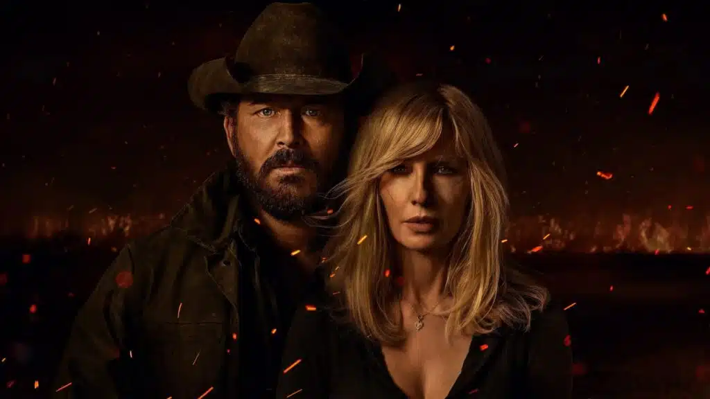Cole Hauser como Rip Wheeler e Kelly Reilly como Beth Dutton no pôster oficial de Rancho Dutton no Paramount+