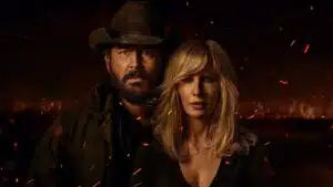 Cole Hauser como Rip Wheeler e Kelly Reilly como Beth Dutton no pôster oficial de Rancho Dutton no Paramount+