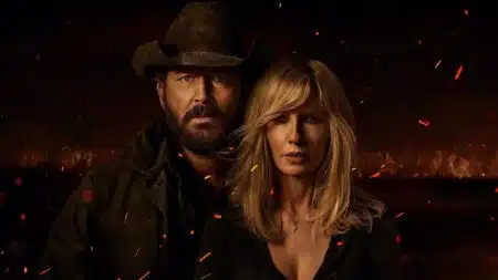 Cole Hauser como Rip Wheeler e Kelly Reilly como Beth Dutton no pôster oficial de Rancho Dutton no Paramount+