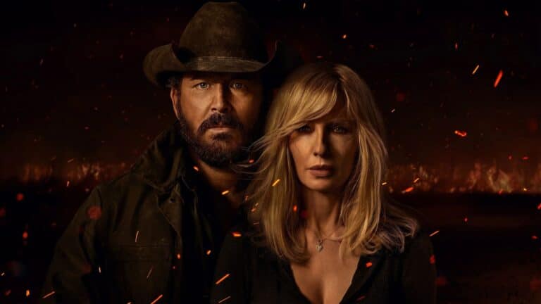Cole Hauser como Rip Wheeler e Kelly Reilly como Beth Dutton no pôster oficial de Rancho Dutton no Paramount+
