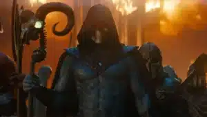 Skeletor de Jared Leto em cena do filme, com maquiagem e figurino característicos do vilão