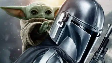 O Mandaloriano e Grogu em cena da série Star Wars no Disney+