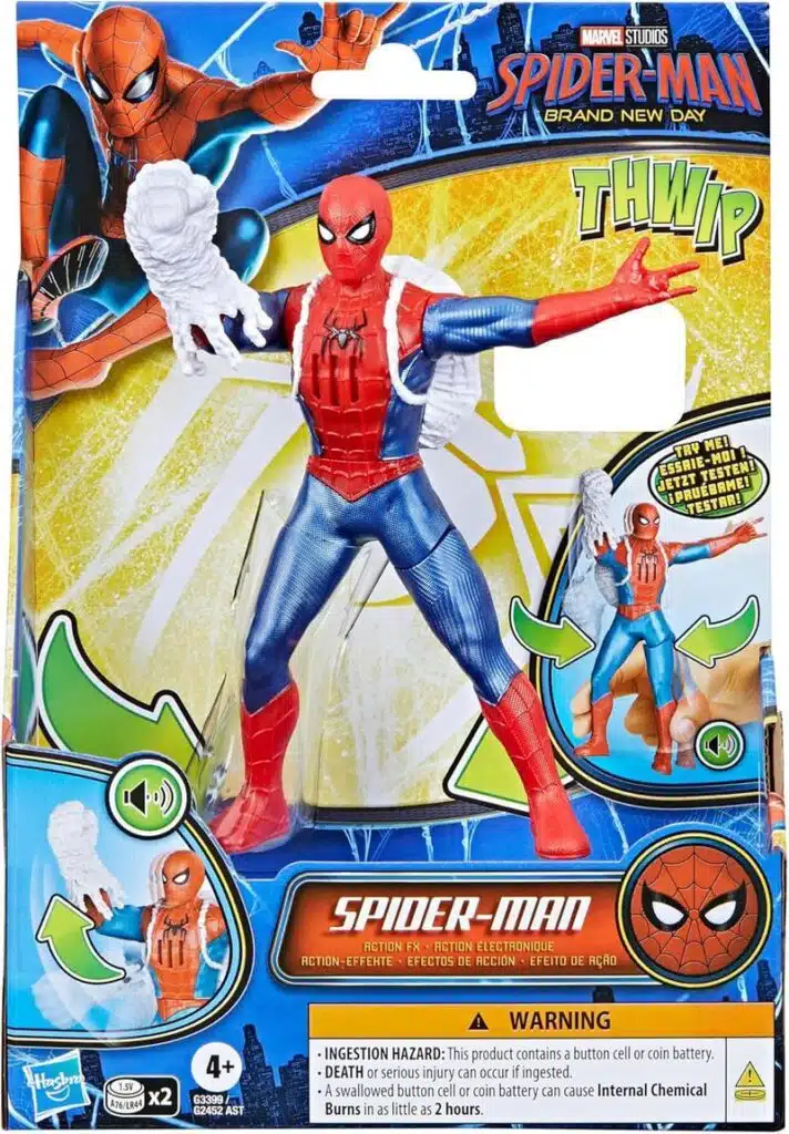 Homem-Aranha com luva de teia do pulso, cena de ação em novo dia revelando poderes dos quadrinhos