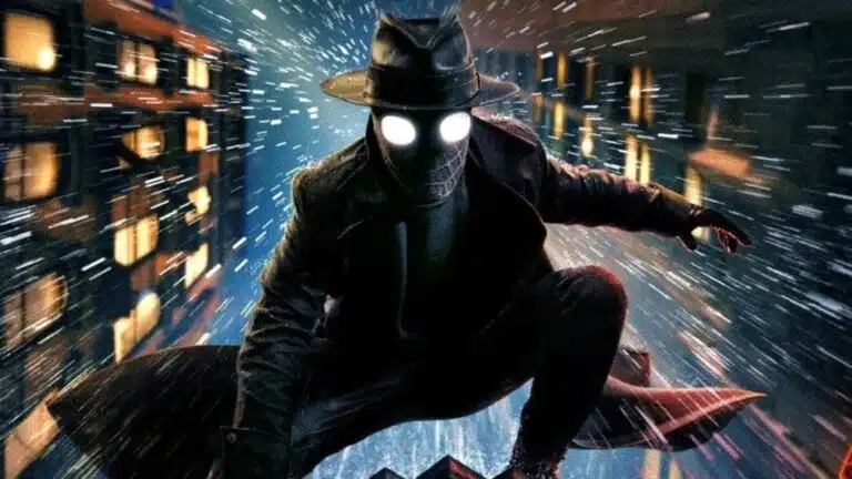 Nicolas Cage caracterizado como Spider-Noir em cena da série, com traje preto e chapéu fedora