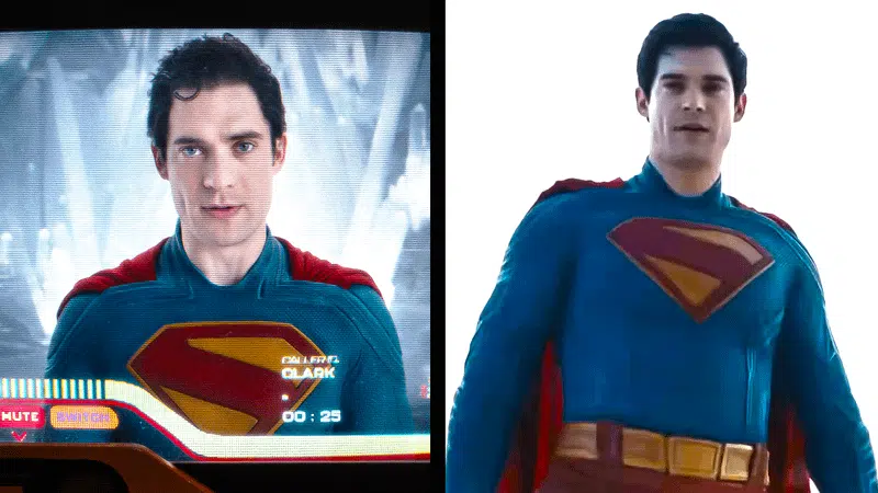 Superman em ação em cena de Supergirl, revelando o herói em combate