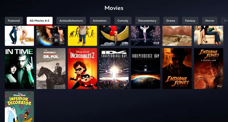 Interface do Disney+ com opção de classificação alfabética A-Z removida, mostrando catálogo organizado por algoritmos de recomendação