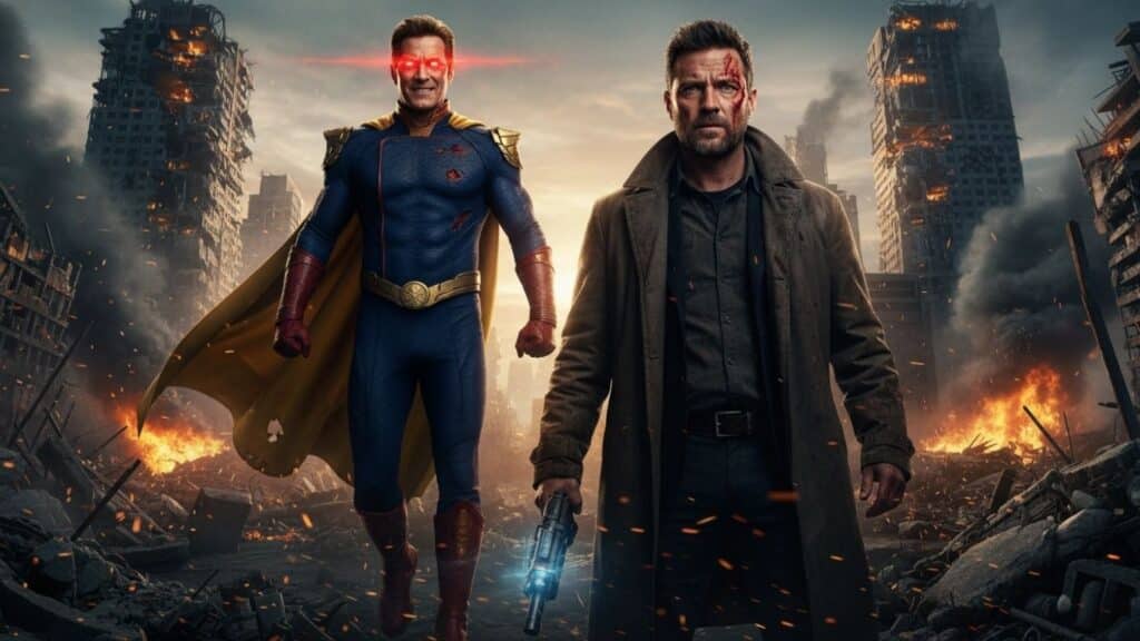 Confronto final épico entre Capitão Pátria com olhos brilhando em vermelho e Billy Butcher em um cenário apocalíptico destruído na 5ª temporada de The Boys.