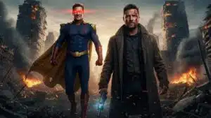 Confronto final épico entre Capitão Pátria com olhos brilhando em vermelho e Billy Butcher em um cenário apocalíptico destruído na 5ª temporada de The Boys.
