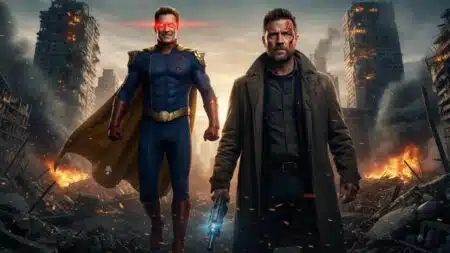 Confronto final épico entre Capitão Pátria com olhos brilhando em vermelho e Billy Butcher em um cenário apocalíptico destruído na 5ª temporada de The Boys.