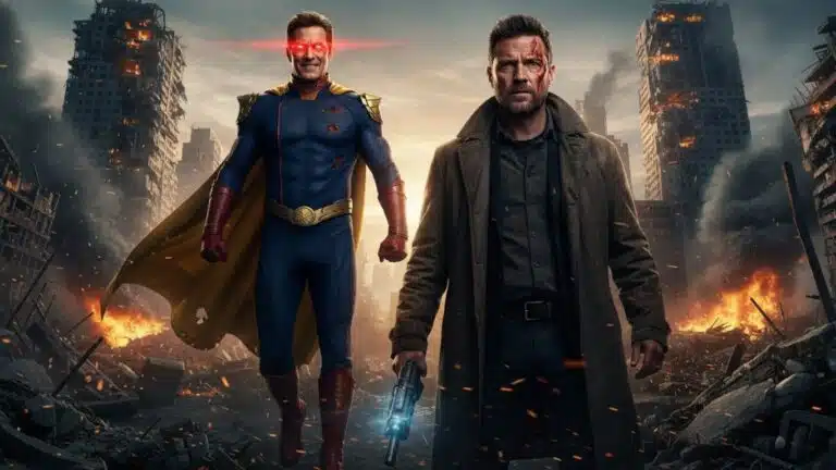 Confronto final épico entre Capitão Pátria com olhos brilhando em vermelho e Billy Butcher em um cenário apocalíptico destruído na 5ª temporada de The Boys.