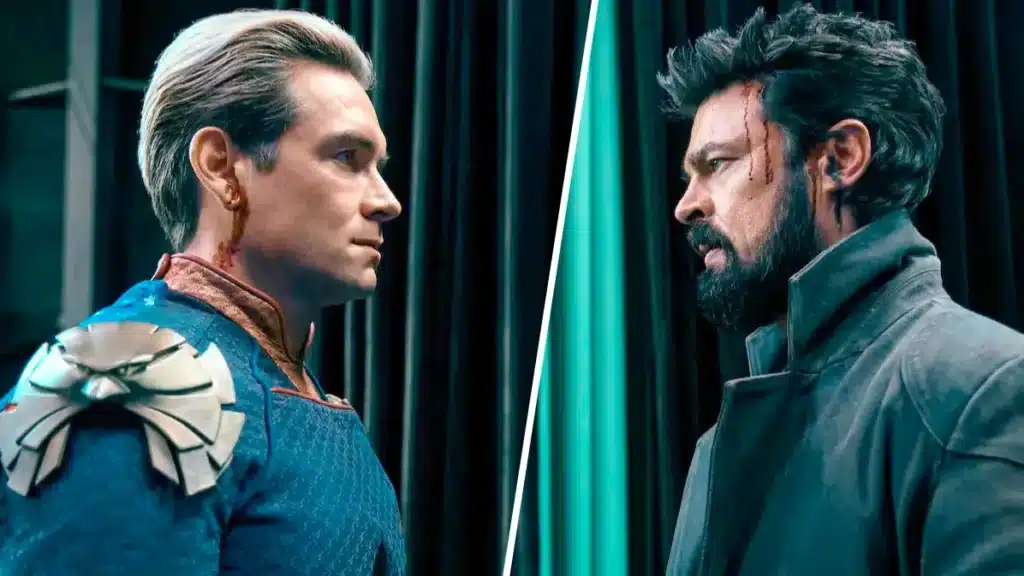 Antony Starr como Capitão Pátria e Karl Urban como Billy Butcher frente a frente no confronto final da 5ª temporada de The Boys no Prime Video