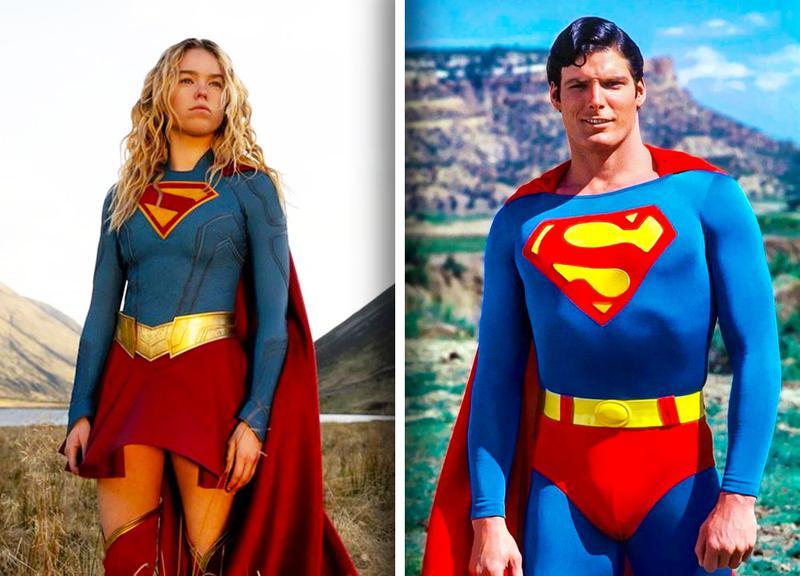 Dois trajes de super-heróis lado a lado, um vermelho e azul clássico e outro vermelho e azul