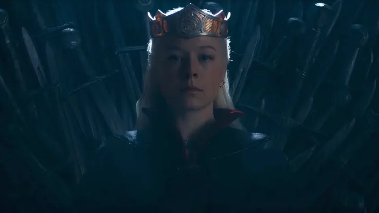 Rhaenyra Targaryen sentada no Trono de Ferro após conquista de Porto Real