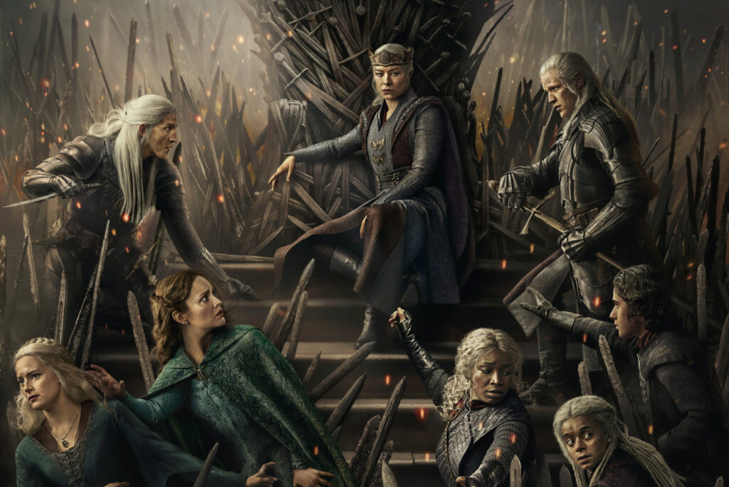 Cena dramática com elementos visuais característicos de fantasia medieval, mostrando tensão e conflito