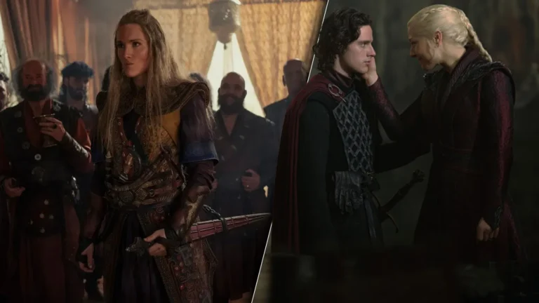 Rainha Rhaenyra com Aegon, o Jovem e Viserys em A Casa do Dragão