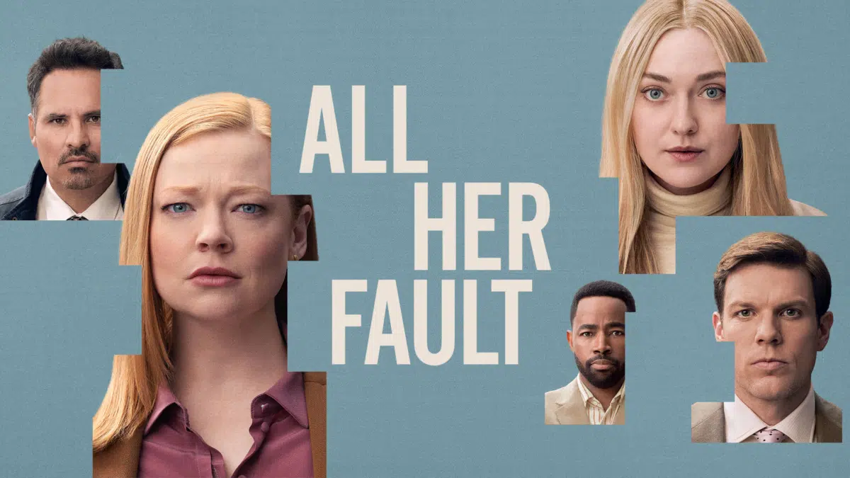 Pôster promocional de All Her Fault com elenco principal em composição de suspense psicológico da minissérie Peacock