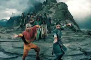 Toph Beifong ao lado de Aang, Katara e Sokka