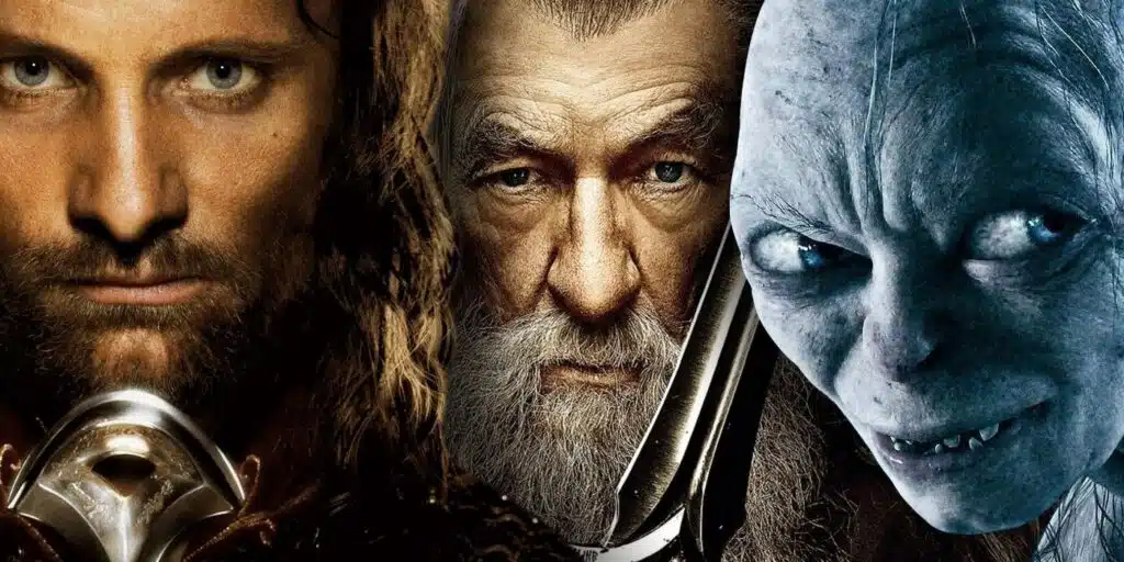 Cena de A Caçada por Gollum com Gandalf e Aragorn em jornada antes dos eventos de O Senhor dos Anéis