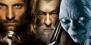 Cena de A Caçada por Gollum com Gandalf e Aragorn em jornada antes dos eventos de O Senhor dos Anéis