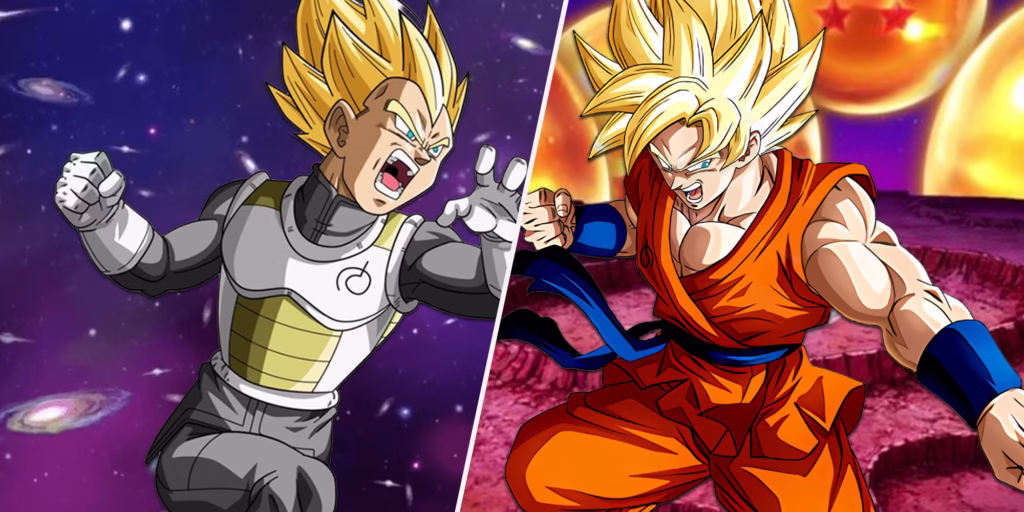 Super Saiyan Vegeta e Super Saiyan Goku com seus uniformes de Whis em Dragon Ball Super