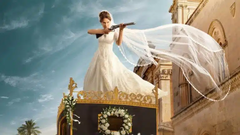 Enola Holmes com vestido de noiva e espingarda em cena do terceiro filme da franquia Netflix