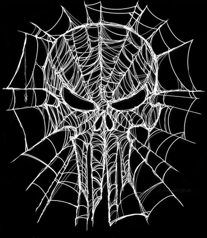 Logo oficial do filme Homem-Aranha: Um Novo Dia com caveira branca do Justiceiro formada por fios de teia de aranha