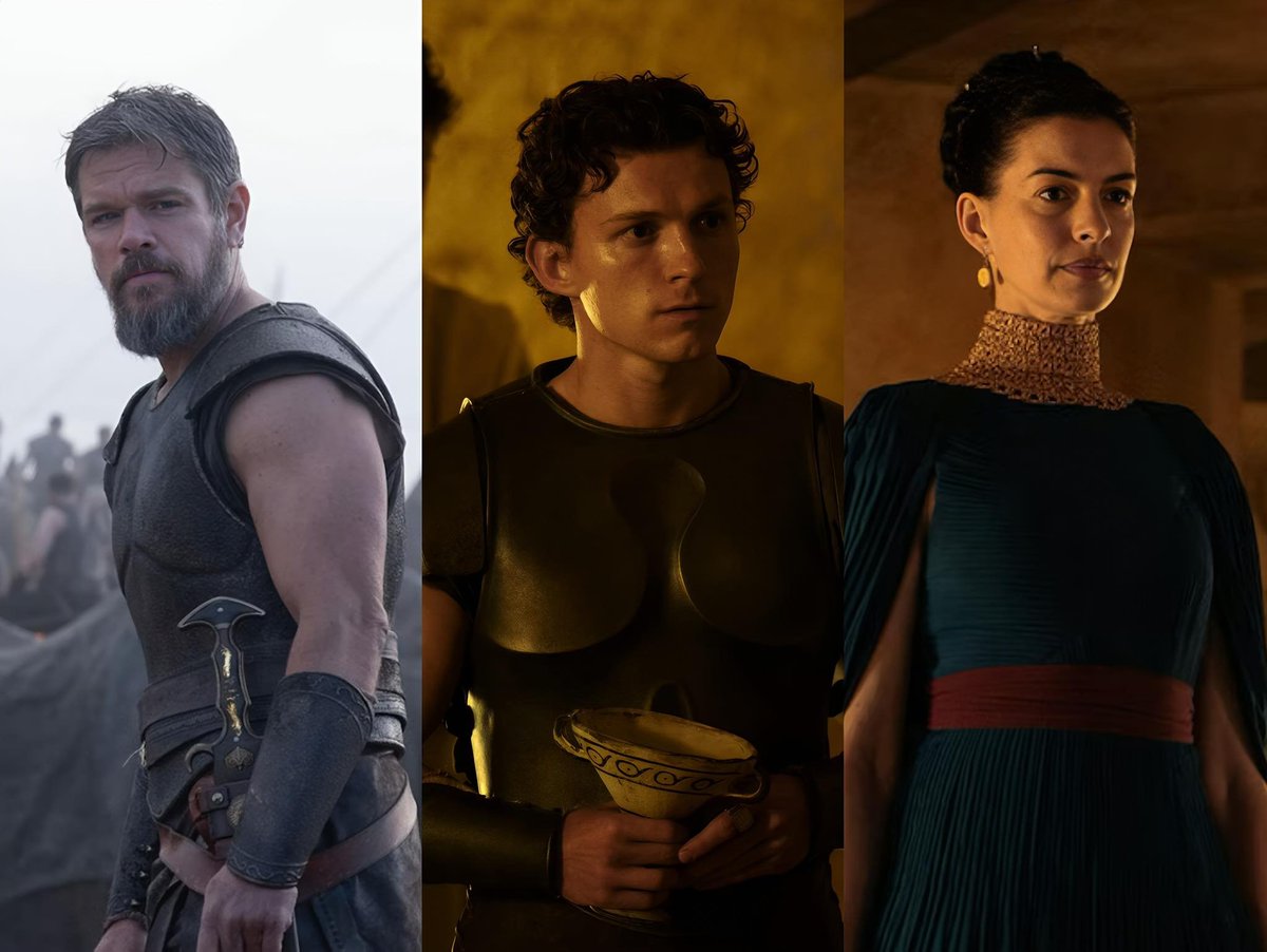 Matt Damon como Odisseu, Tom Holland como Telêmaco e Anne Hathaway como Penélope em foto promocional de A Odisseia