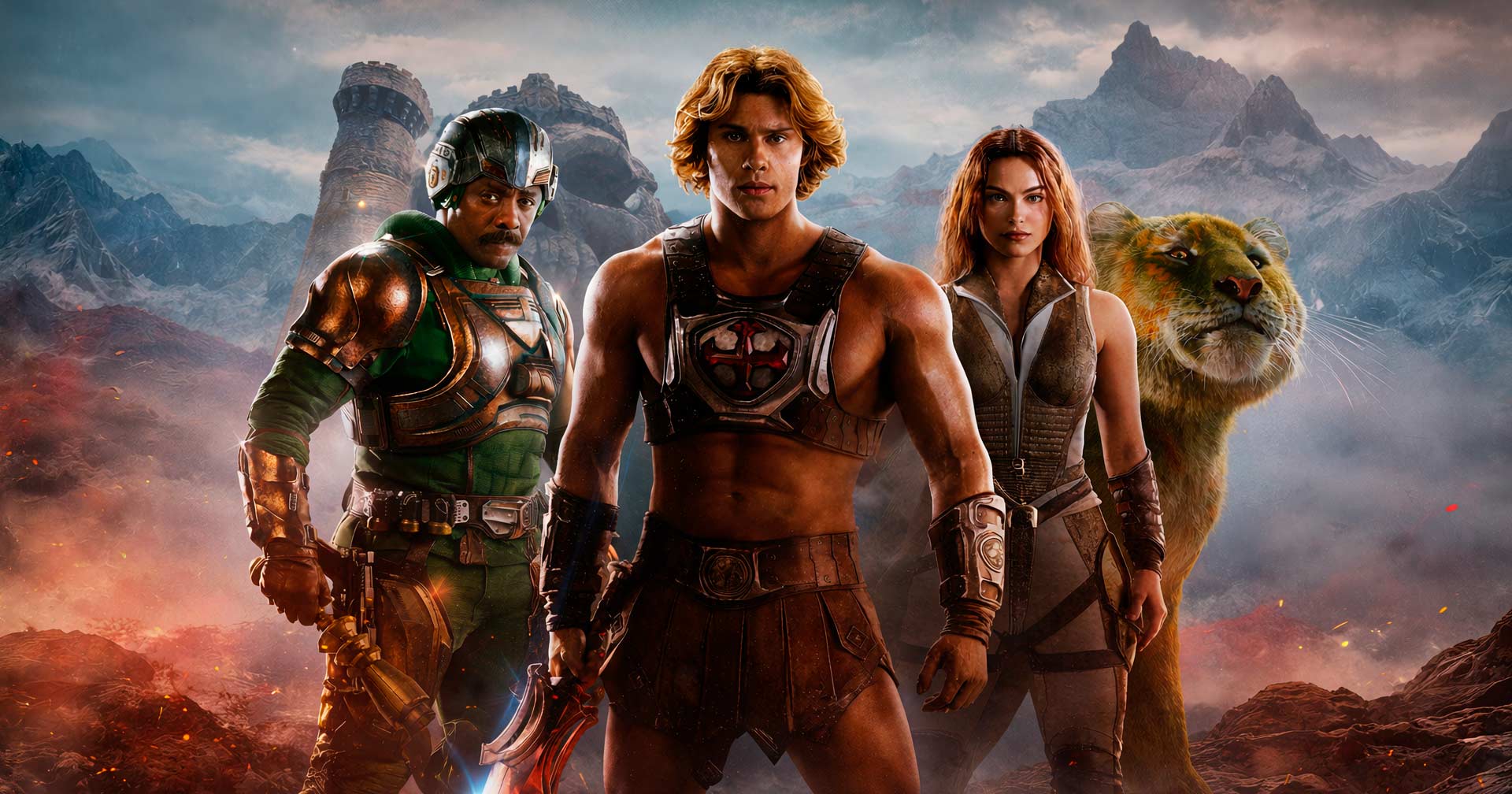 Elenco de Mestres do Universo: Nicholas Galitzine, Camila Mendes e Jared Leto em foto promocional do filme